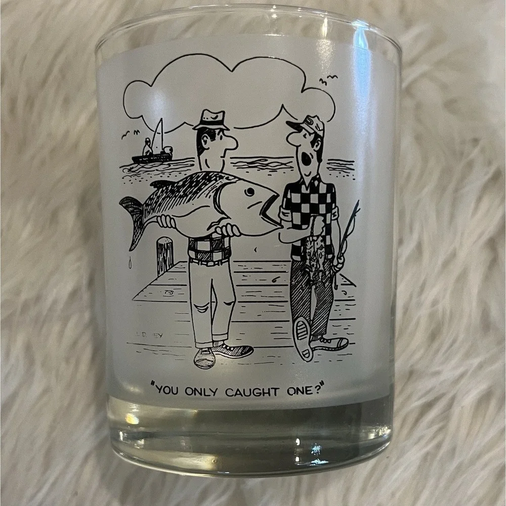 Vintage Bill Davey Fishing Cartoon Frosted Rocks Glasses Set of 4 Mid Century